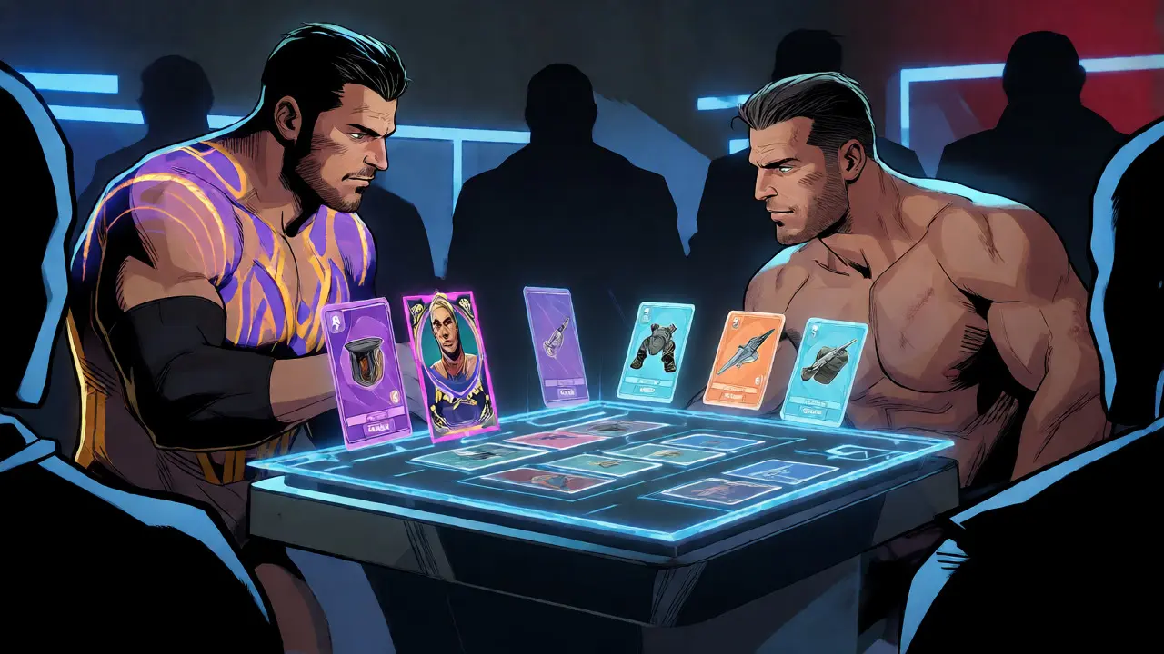 Two stylized wrestlers facing off over floating holographic game cards.