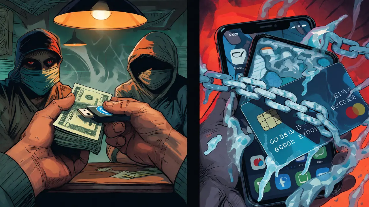 Underground crypto exchange in tea shop alongside imagery of frozen bank accounts.