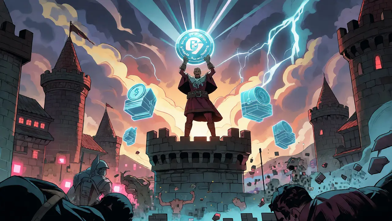 Victor holding up a glowing NFT token atop a castle after a battle.